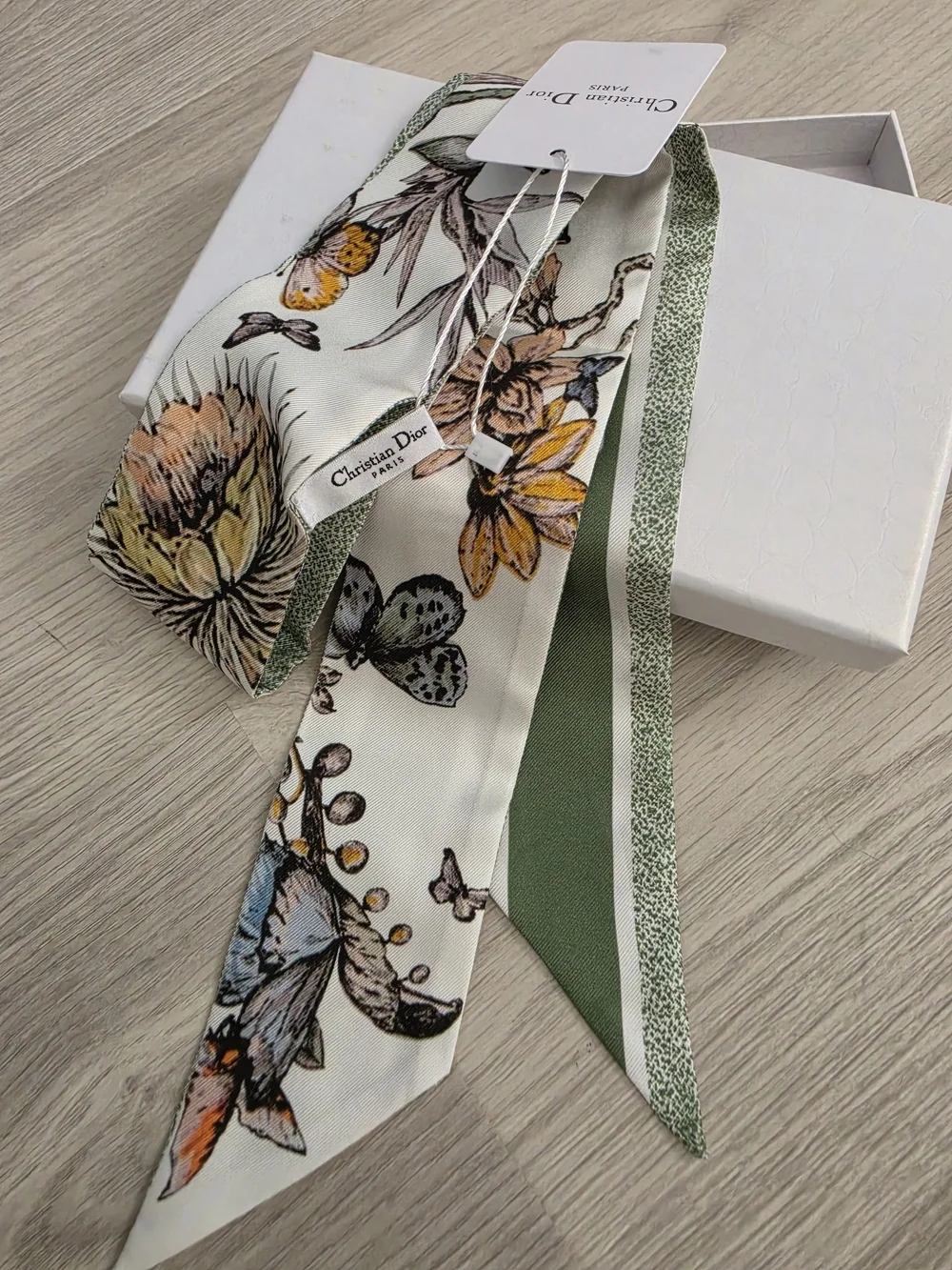 Dior Green and White Floral Silk Neck Scarf
